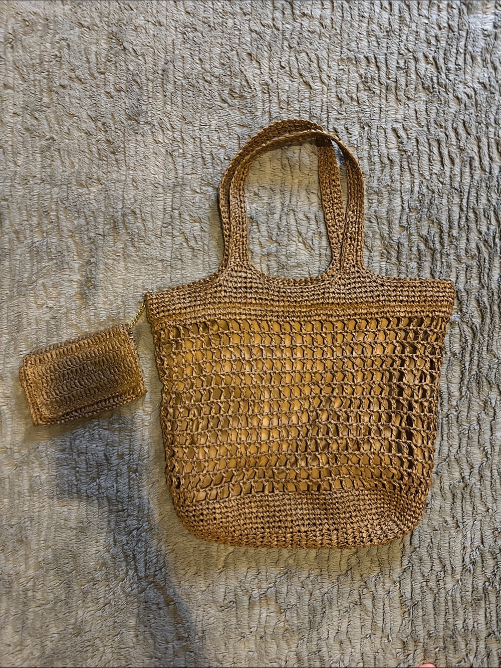 Olive Green Straw Tote with Matching Pouch